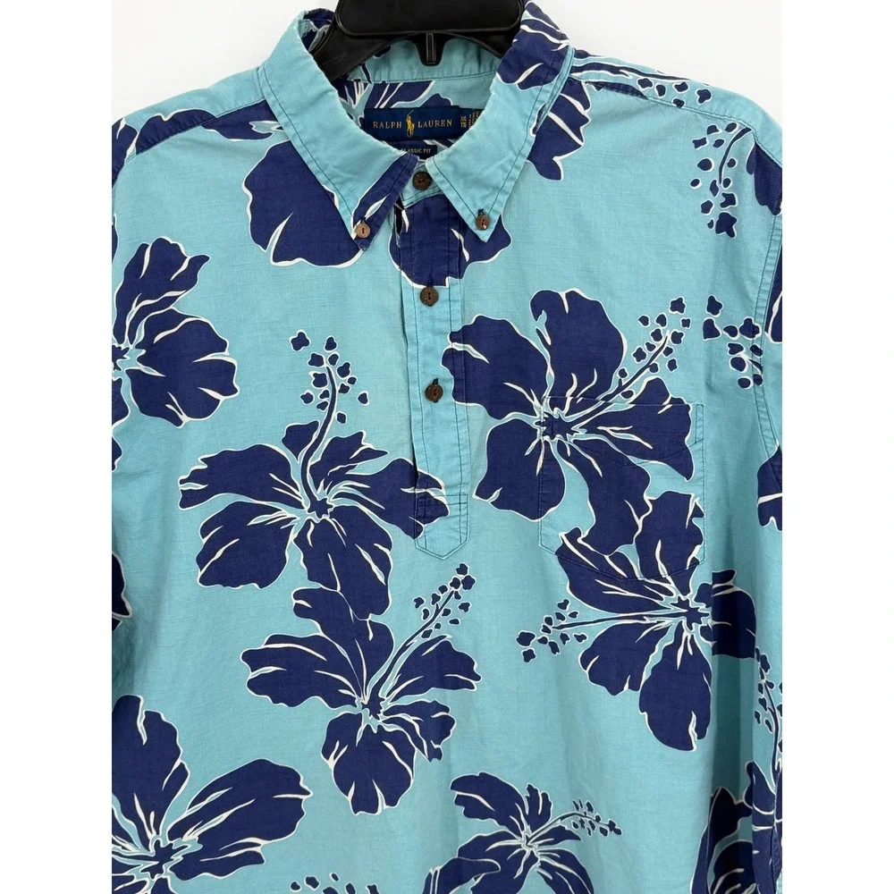 Polo Ralph Lauren Shirt Mens XXL Blue Hibiscus Floral Short Sleeve Popover‎